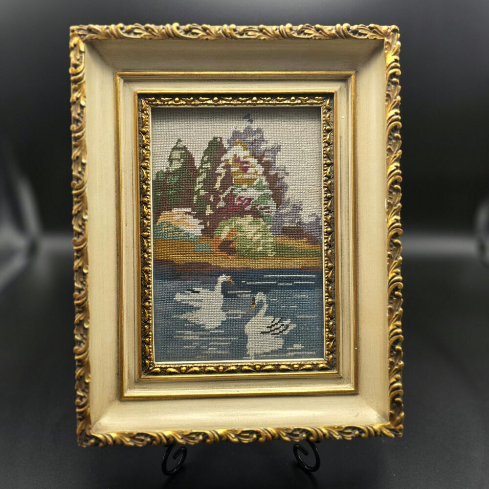 Vintage Framed Cross Stitch Swan Scene cottagecore